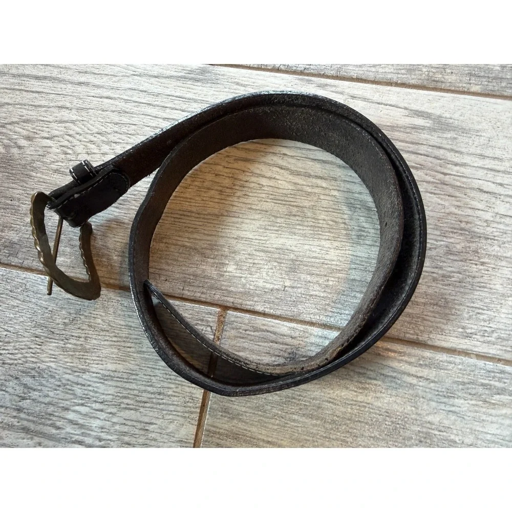 Genuine Leather Belt Black size Medium USA Twisted Buckle‎ Brasstone Vtg Western